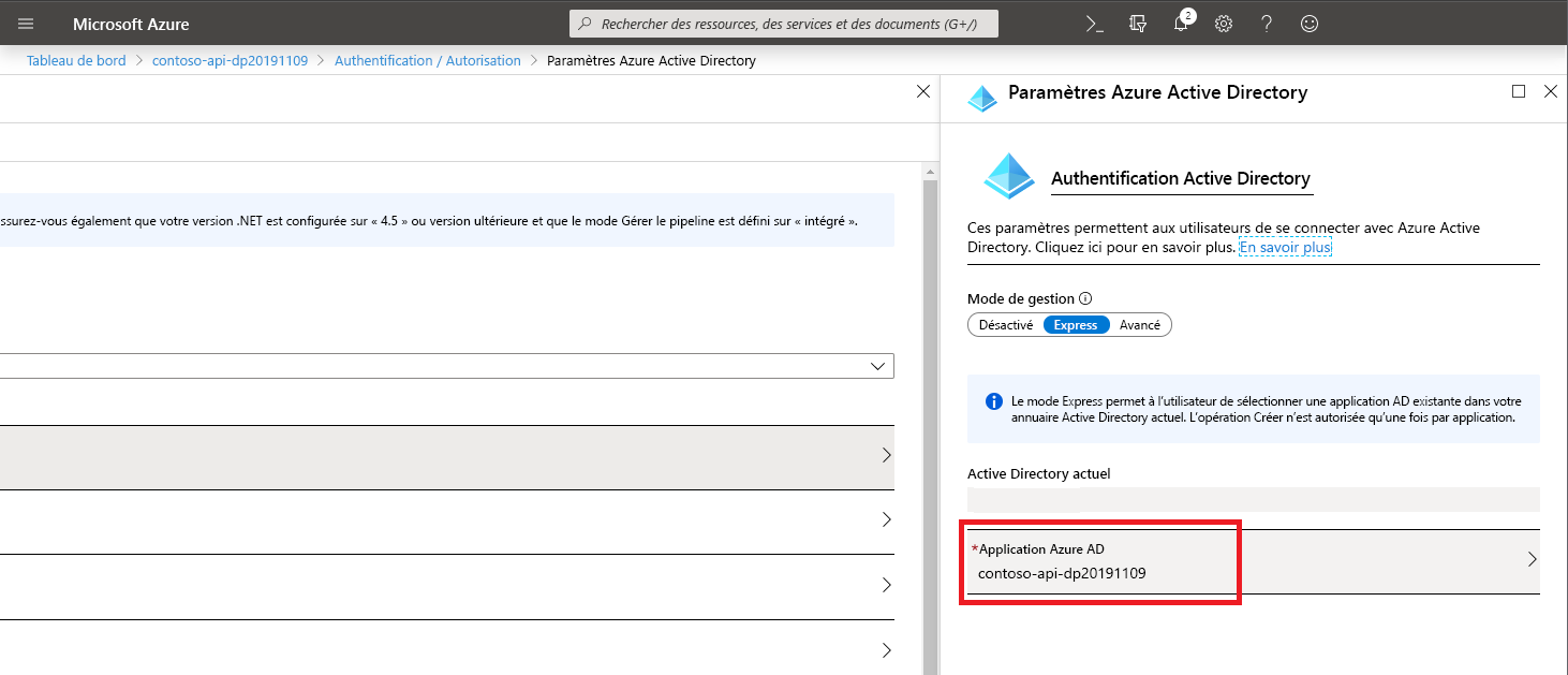 Bouton « Gérer l’application » mis en évidence dans le panneau « Paramètres Azure Active Directory »