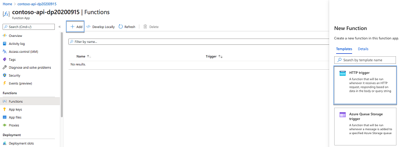 Lien « Déclencheur HTTP » mis en évidence dans le Portail Azure