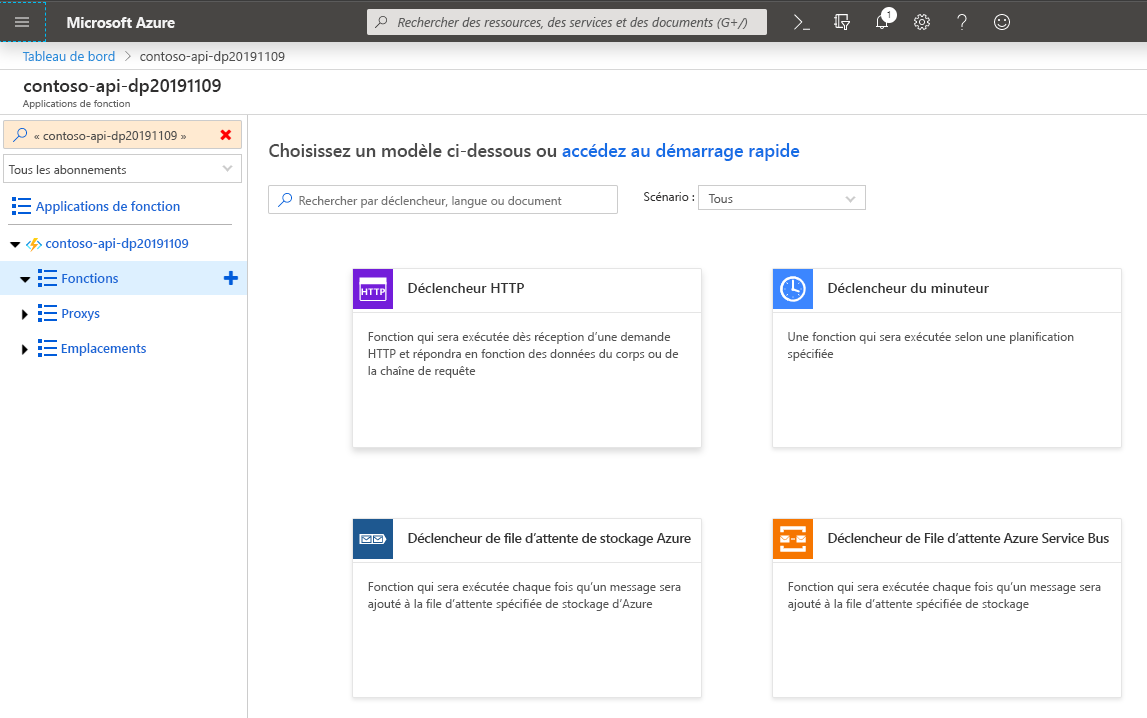 Modèle de fonction « Déclencheur HTTP » mis en évidence sur le portail Azure