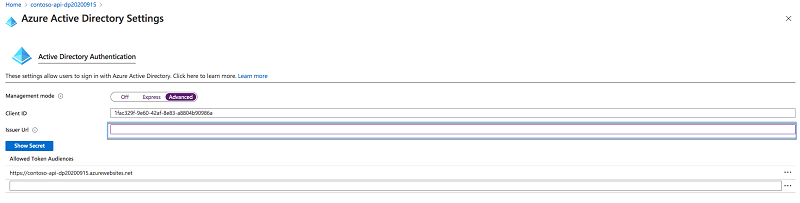 Valeur «&nbsp;Avancé&nbsp;» pour le «&nbsp;Mode d’administration&nbsp;» mise en évidence dans les paramètres Azure Active Directory de la Function App