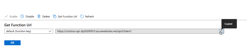 Bouton «&nbsp;Copier&nbsp;» mis en évidence dans la boîte de dialogue Obtenir l’URL de la fonction