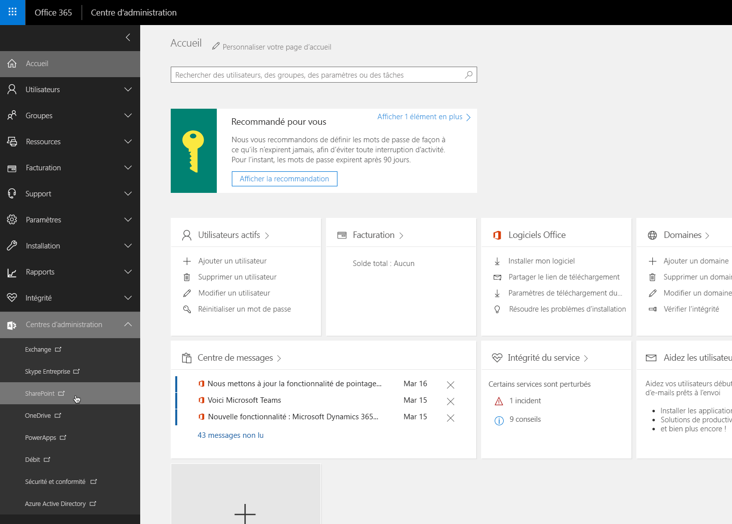 Option « SharePoint » mise en évidence dans le menu du Centre d’administration Office 365