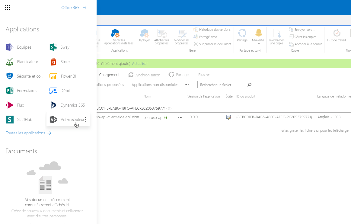Option « Administrateur » mise en évidence dans le menu du lanceur d’applications Office 365