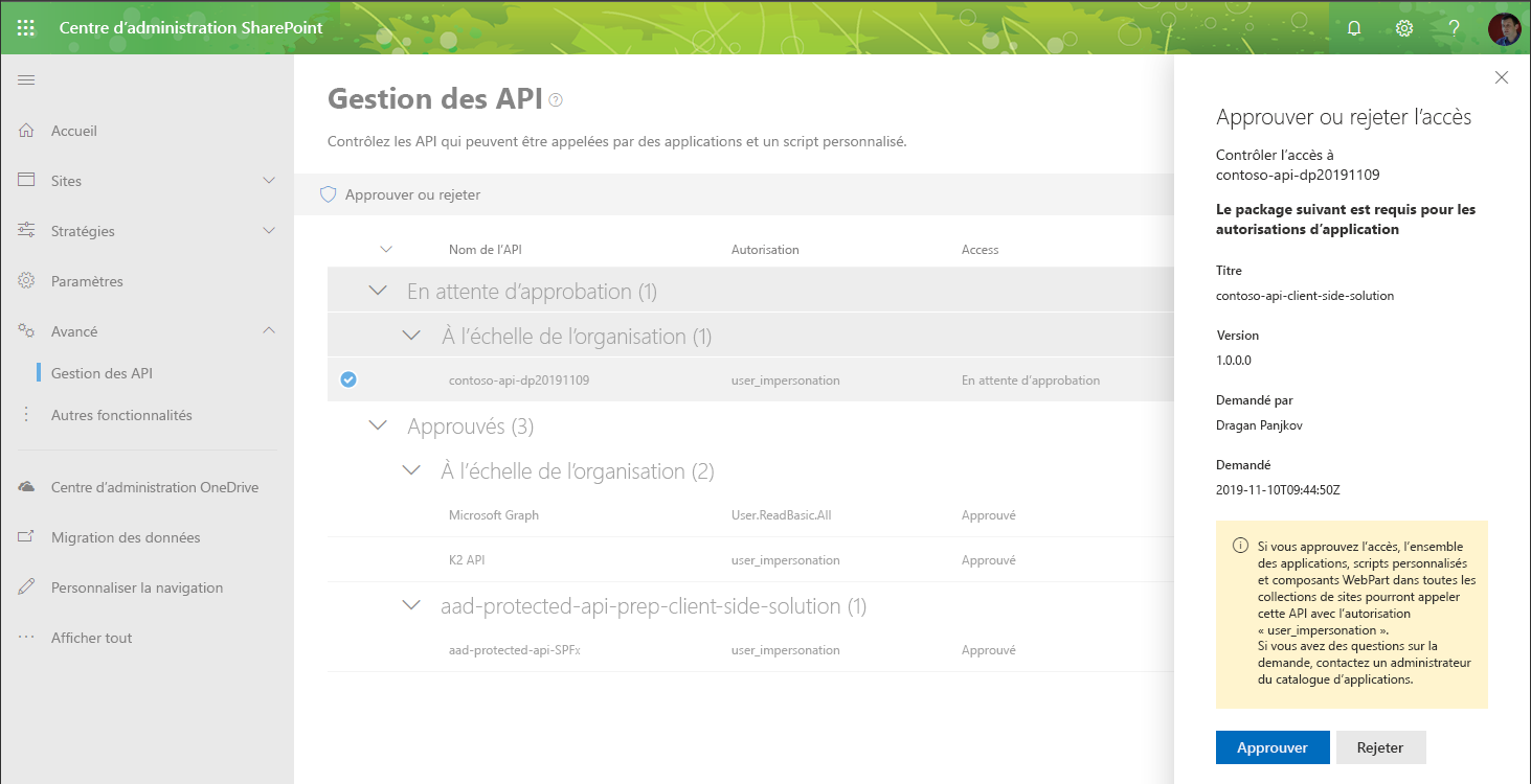 Capture d’écran de la page de gestion WebApiPermission lors du processus d’approbation