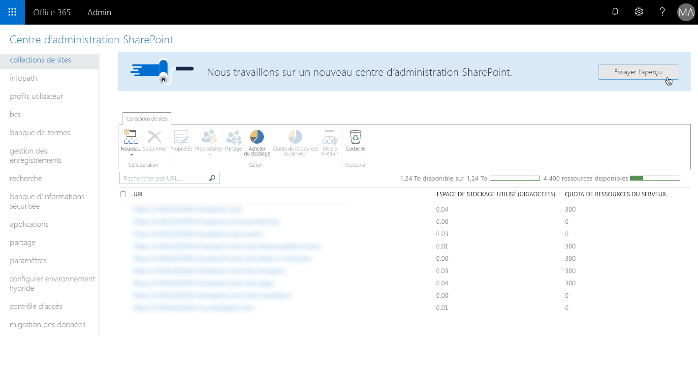 Lien « Try the new SharePoint admin center » (Essayer le nouveau Centre d’administration SharePoint) mis en évidence dans le Centre d’administration SharePoint