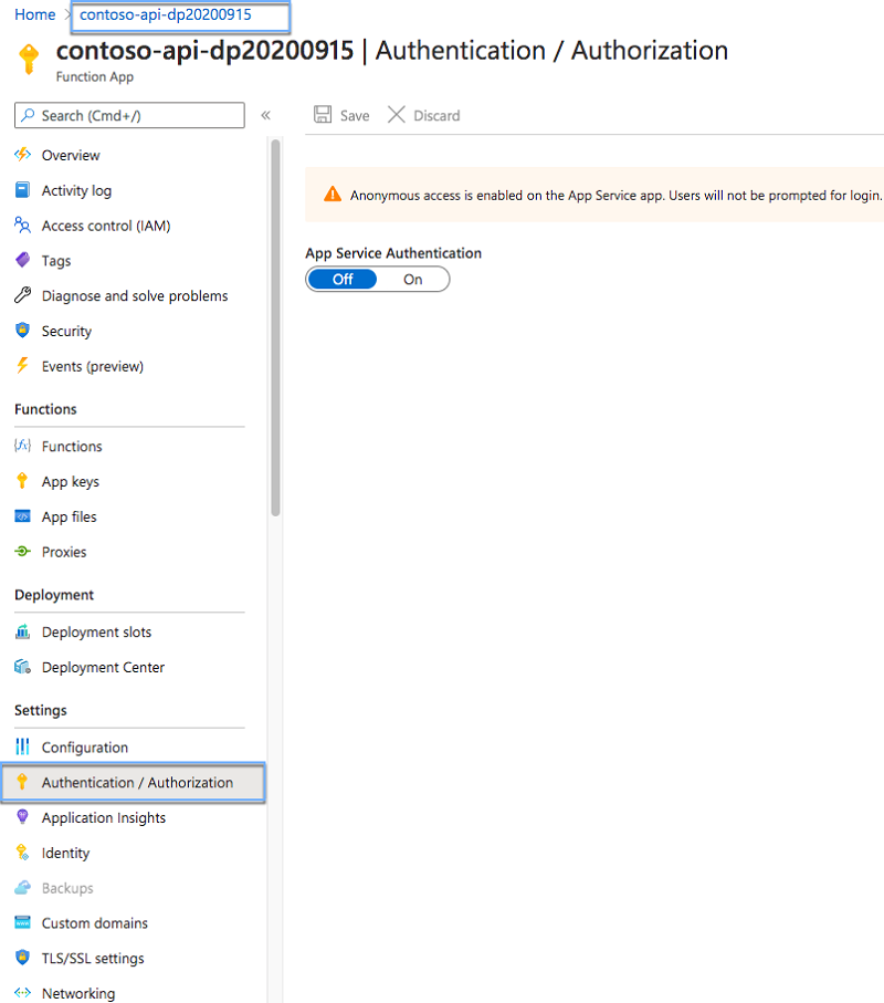 Lien « Authentification / Autorisation » mis en évidence dans le panneau Function Apps sur le portail Azure