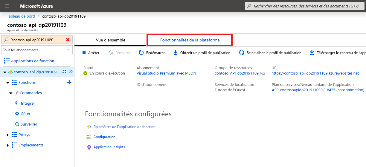 Onglet « Fonctionnalités de la plateforme » mis en évidence dans le panneau Function Apps sur le portail Azure