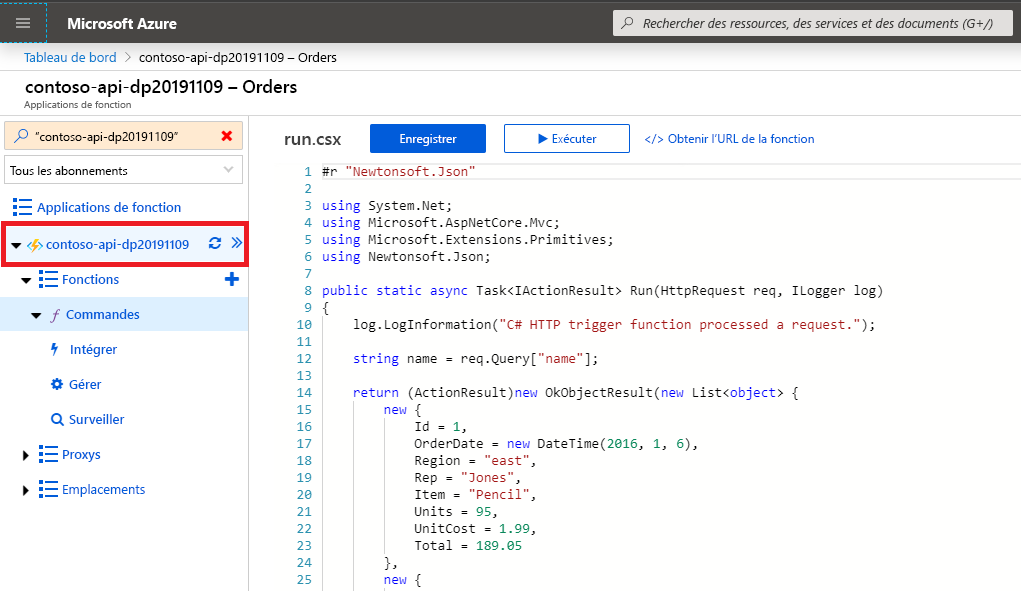 Function App mise en évidence dans le volet latéral du panneau Function Apps sur le portail Azure