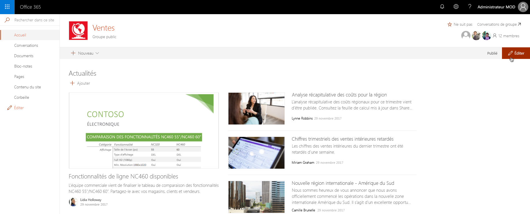 Bouton « Modifier » mis en évidence dans la barre d’outils d’un site d’équipe moderne