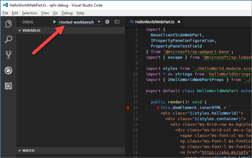 Configuration de Workbench hébergé sélectionnée dans la liste déroulante des configurations de débogage dans Visual Studio Code