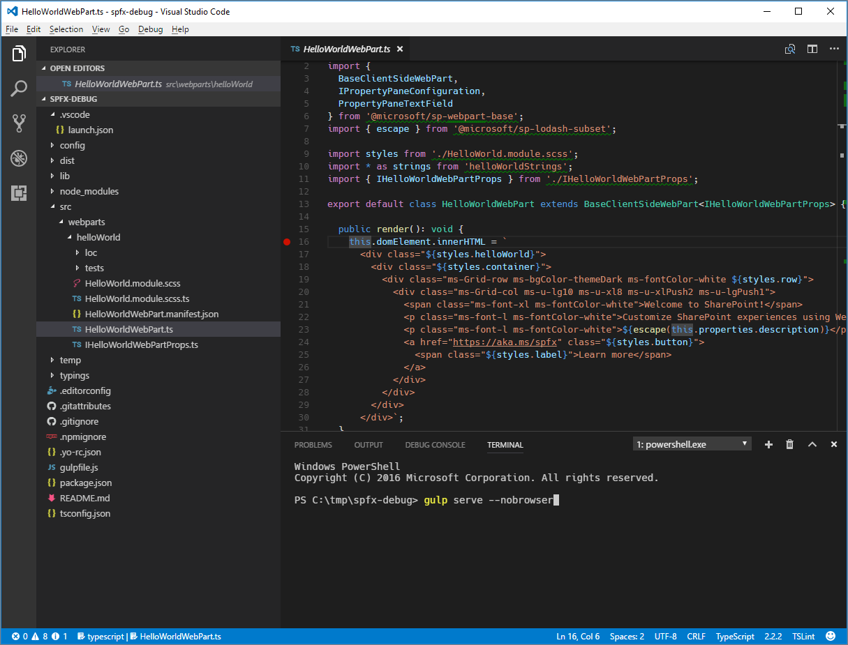 Commande gulp serve tapée dans le terminal intégré dans Visual Studio Code