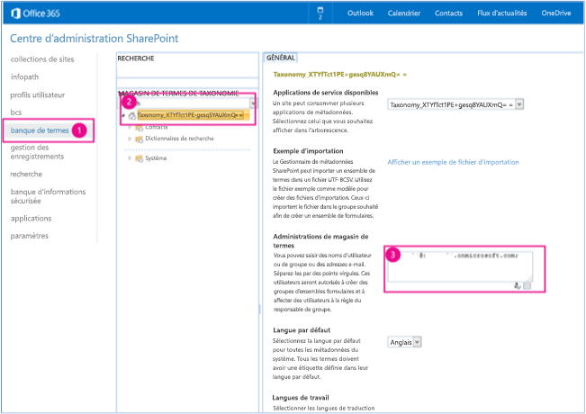 Capture d’écran du Centre d’administration SharePoint avec le magasin de termes, la zone de recherche du magasin de termes de taxonomie et les zones d’administrateurs du magasin de termes mis en surbrillance.