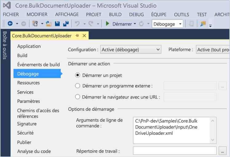 Capture d’écran du volet de propriétés Core.BulkDocumentUploader avec Débogage mis en surbrillance.