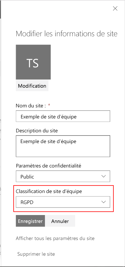 Option de classification de site lors de la modification des paramètres d’informations sur le site d’un site « moderne » dans SharePoint Online