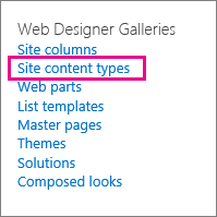 Lien types de contenu de site sur la page Paramètres du site.