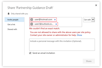 Capture d’écran du message d’erreur lors du partage de fichiers OneDrive avec des utilisateurs bloqués.