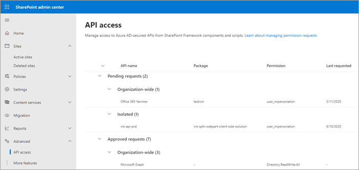 Page d’accès à l’API dans le Centre d’administration SharePoint moderne