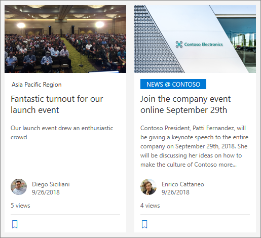 Billet d’un site d’actualités organization sur la page de démarrage SharePoint