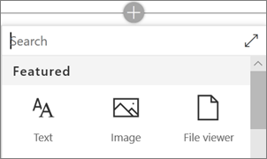 Image des composants WebPart proposés qui s’affichent lorsque vous sélectionnez le symbole plus