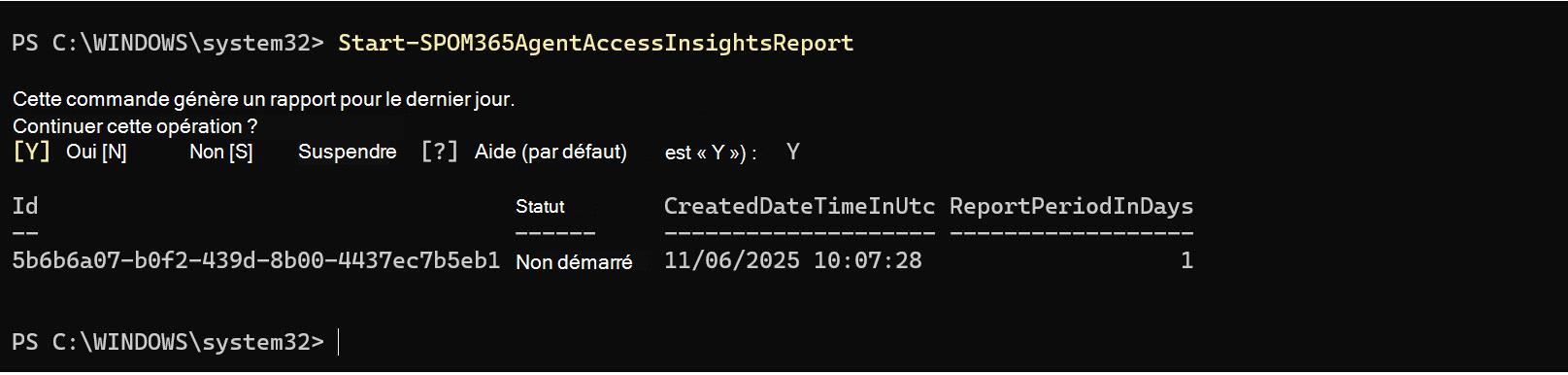 Capture d’écran de l’exécution de la commande Start-SPOM365AgentAccessInsightsReport dans SharePoint Online Management Shell.
