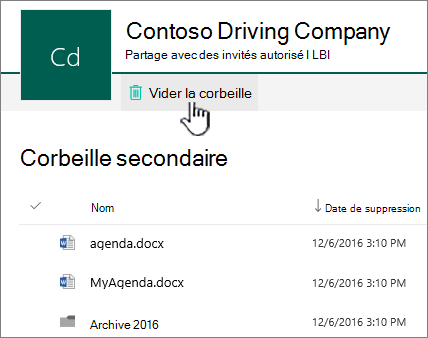 Capture dʼécran montrant la Corbeille SharePoint Online de 2e niveau avec le bouton Vider la corbeille mis en surbrillance.