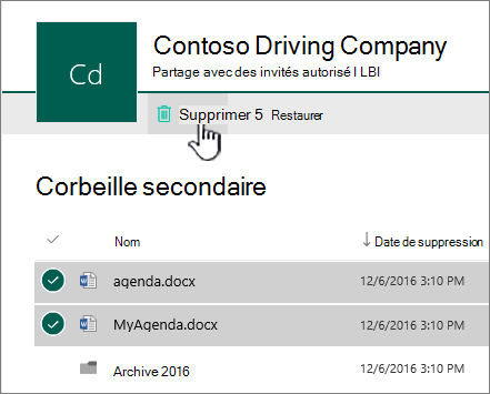 Capture d’écran montrant le recyclage SharePoint Online de 2e niveau avec le bouton Supprimer mis en surbrillance.