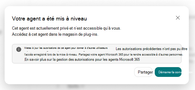 Capture d’écran de la confirmation de mise à niveau de l’agent pour un agent privé, avec les options Partager et Démarrer la conversation affichées.