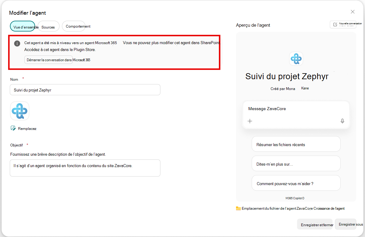 Capture d’écran d’une bannière montrant que cet agent a été mis à niveau en agent déclaratif et peut être utilisé dans Copilot Chat.