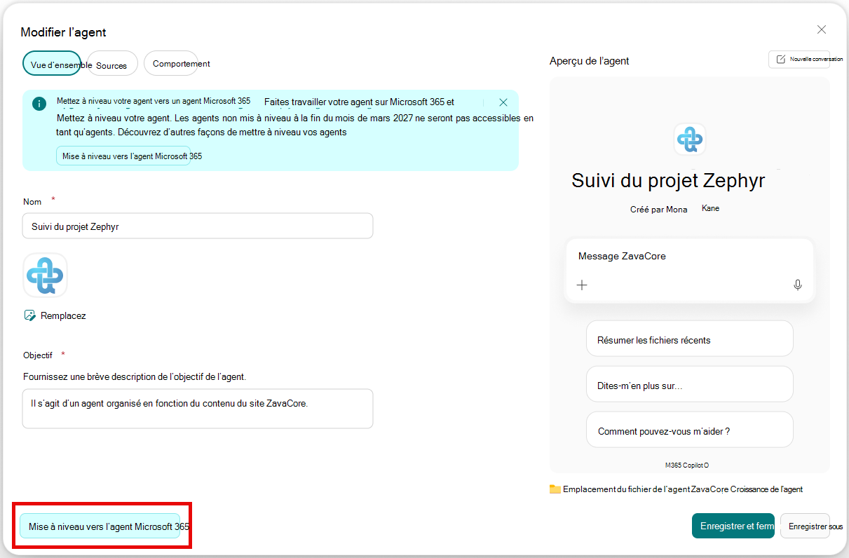 Capture d’écran de SharePoint Builder montrant la bannière Mettre à niveau et les boutons « Mettre à niveau vers l’agent Microsoft 365 ».