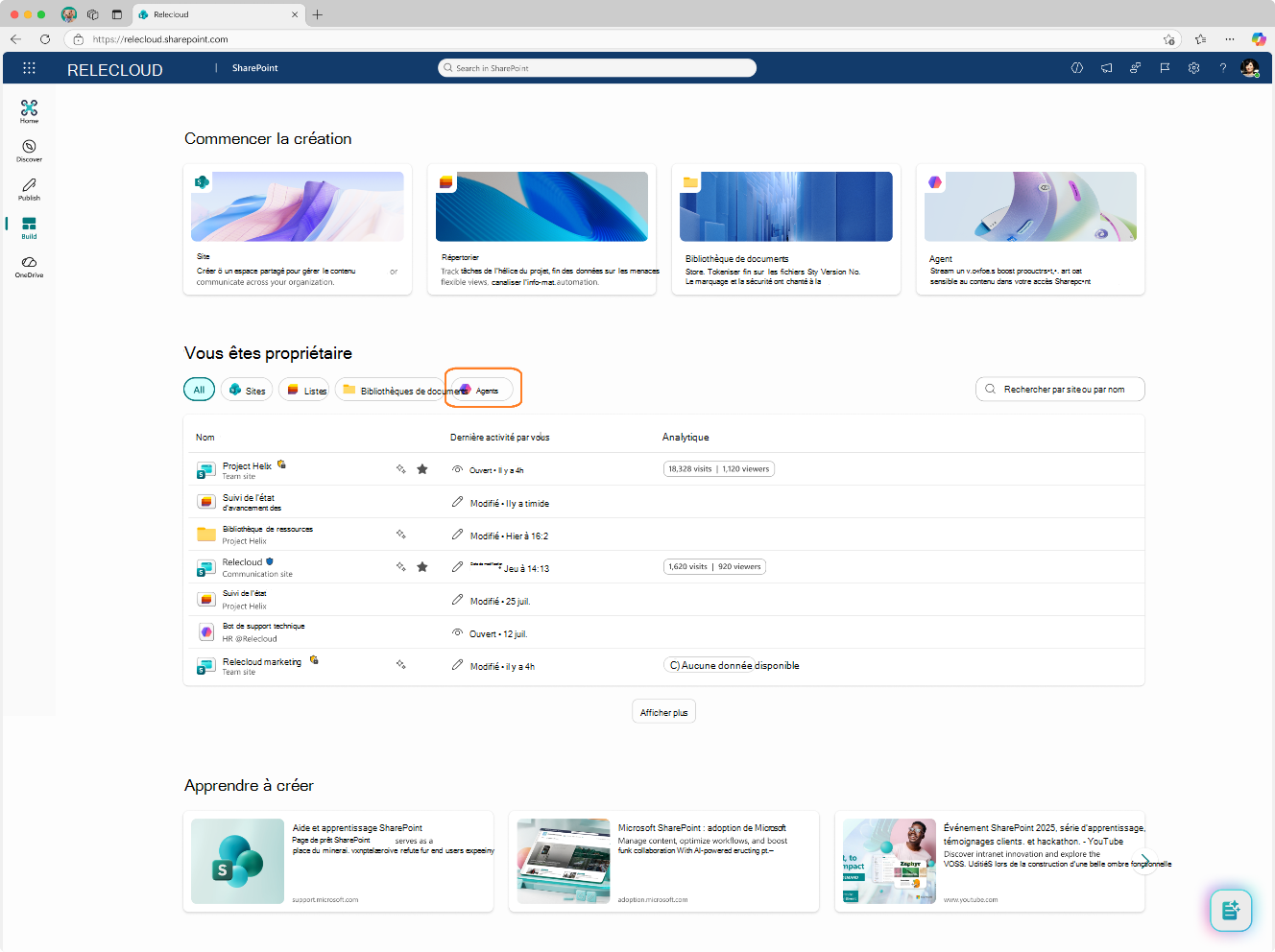 Capture d’écran des agents que vous possédez affichés dans Créer dans SharePoint.