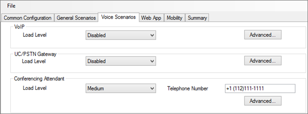 Onglet Scénarios vocaux affichant le niveau de charge de la conférence et le numéro de téléphone.