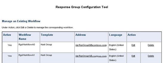 Outil de configuration de groupe de réponse affichant les flux de travail existants pour les tests.