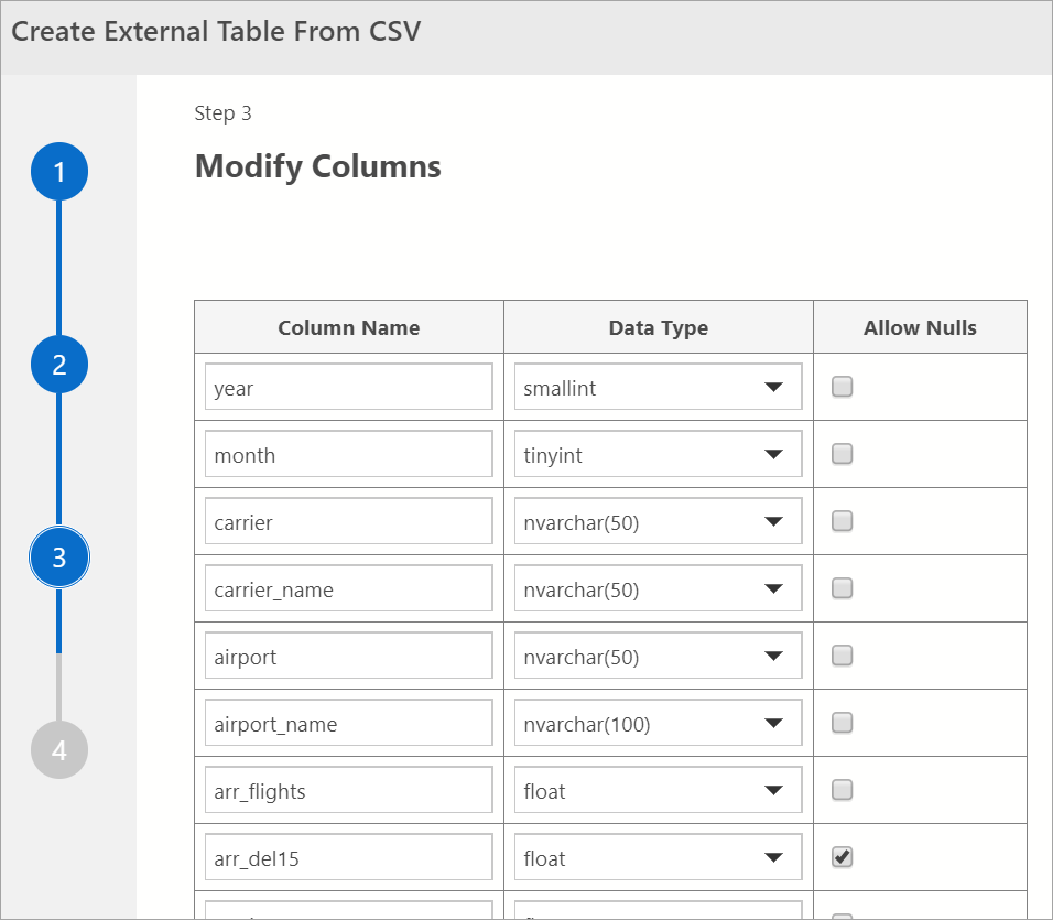 Capture d’écran de la fenêtre Créer une table externe à partir d’un fichier CSV montrant l’Étape 3 : Modifier les colonnes.