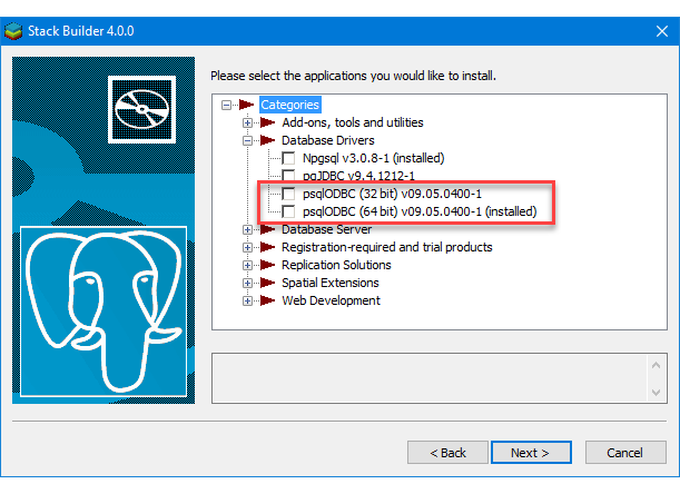 Capture d’écran de Installation du pilote ODBC PostgreSQL à l’aide de Stack Builder.