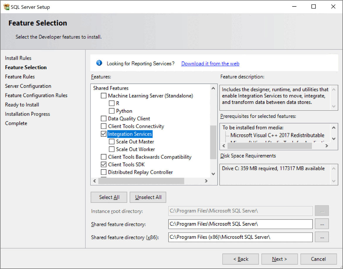 Installer la sélection des fonctionnalités Integration Services