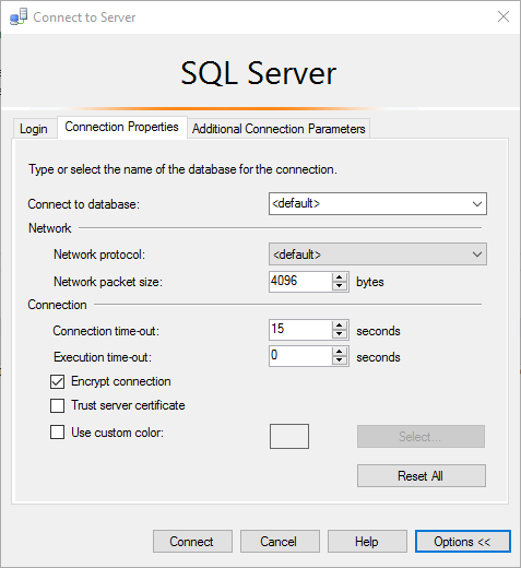 Capture d’écran de la boîte de dialogue de connexion de SQL Server Management Studio.
