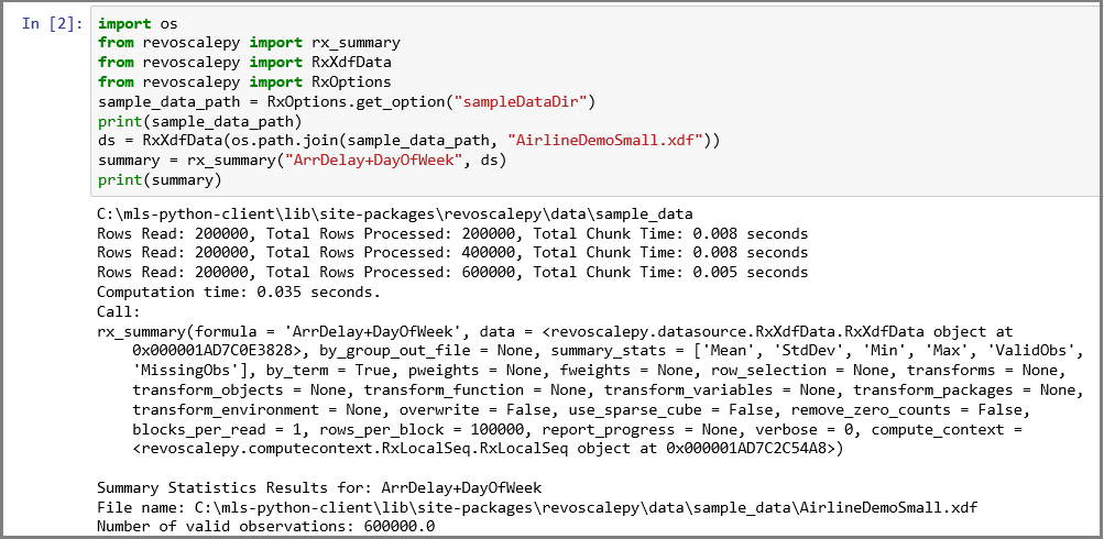 Capture d’écran d’un notebook Jupyter présentant les entrées revoscalepy et la sortie.