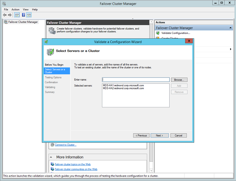 Assistant Validation d’une configuration, page Sélectionner des serveurs ou un cluster