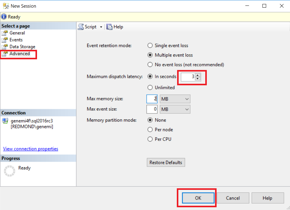 Screenshot of New Session > Advanced > Maximum dispatch latency > OK.