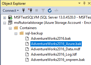 Capture d’écran de l’Explorateur d’objets dans SSMS montrant la sauvegarde instantanée sur Azure.
