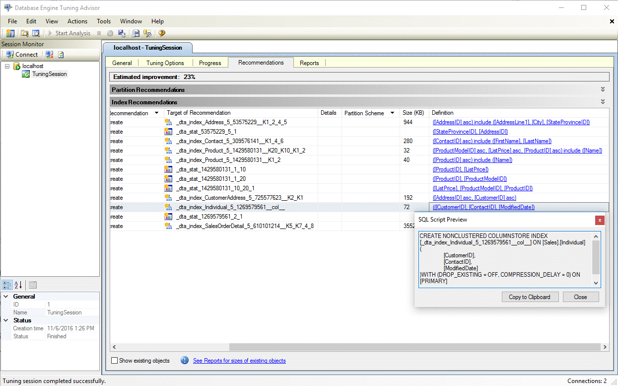 Définition d’index columnstore dans l’Assistant Paramétrage du moteur de base de données