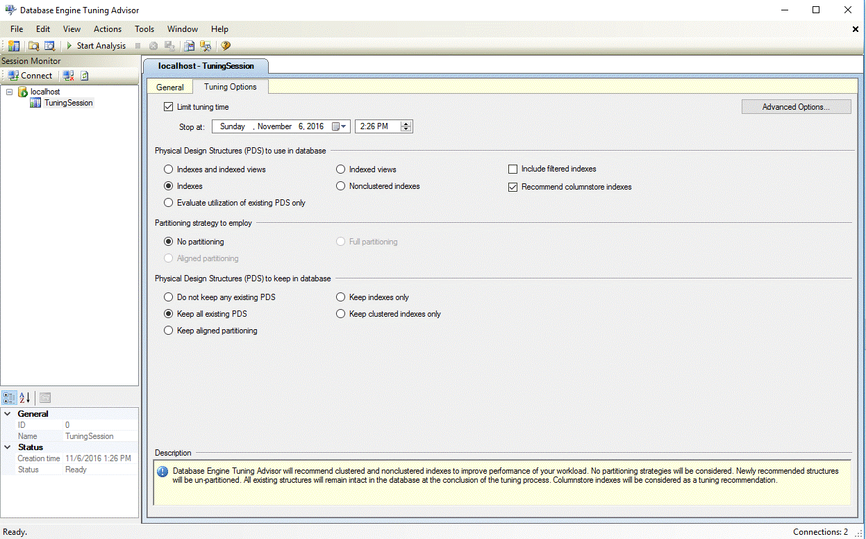 Option de paramétrage des index columnstore dans l’Assistant Paramétrage du moteur de base de données