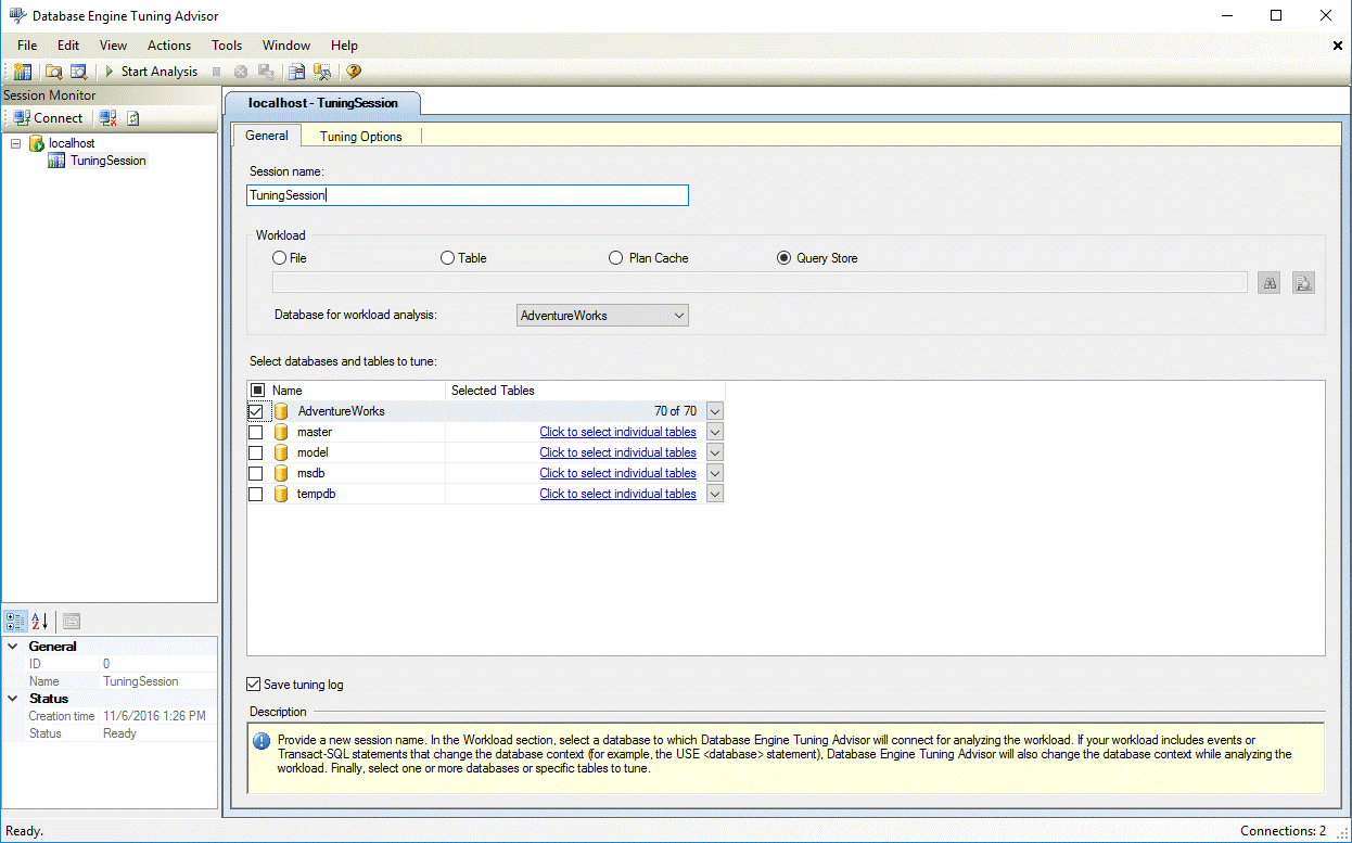 Charge de travail de l’Assistant Paramétrage du moteur de base de données à partir du Magasin des requêtes