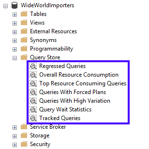 Screenshot of the Query Store reporting tree in SSMS Object Explorer.