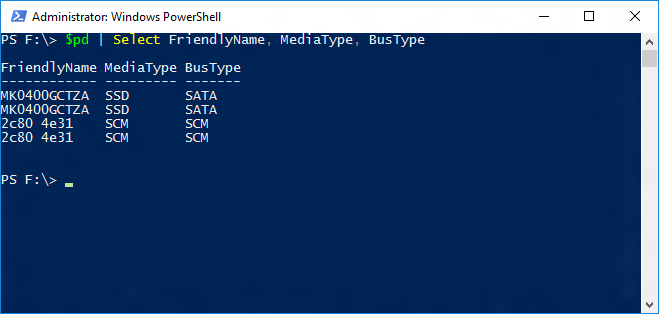 Select FriendlyName Capture d’écran d’une fenêtre Windows PowerShell montrant la sortie de l’applet de commande $pd.