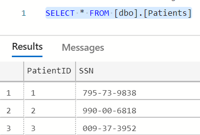 Capture d’écran de la requête SELECT * FROM [dbo].[Patients] et des résultats de la requête affichés sous forme de valeurs de texte brut.