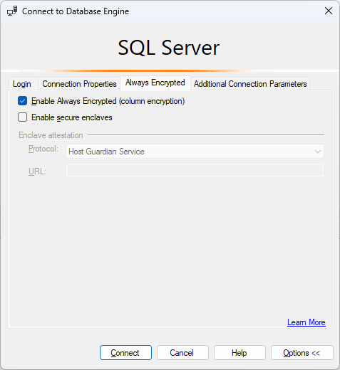 Capture d’écran de l’option de connexion SSMS pour la fonction Always Encrypted activée.