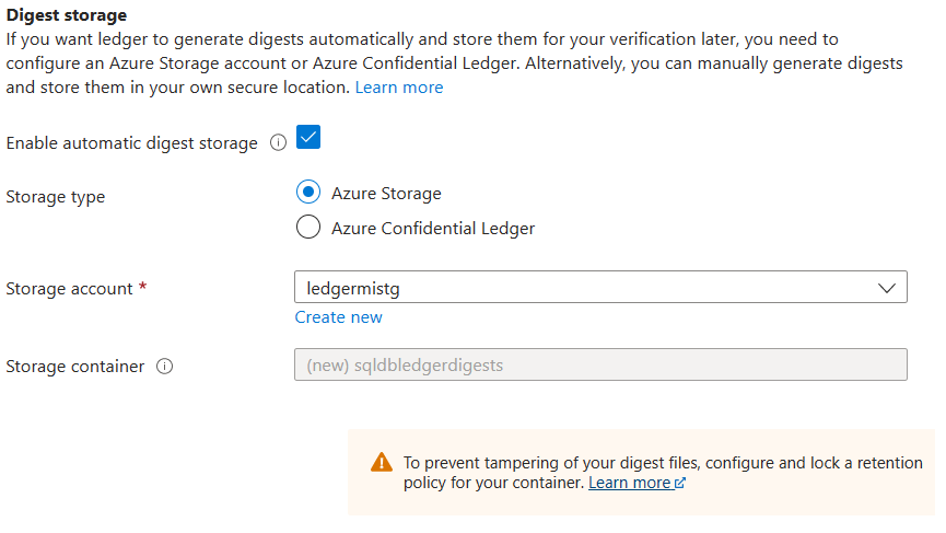 Screenshot that shows the selections for enabling digest storage.