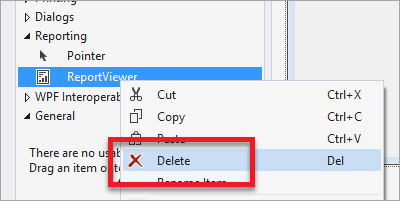 Capture d'écran de la boîte à outils de Visual Studio, mettant en évidence la suppression sur le contrôle ReportViewer.