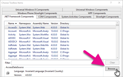 Capture d'écran de Visual Studio, mettant en évidence le bouton Parcourir dans la boîte de dialogue Composants .NET Framework.